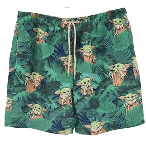 Star Wars Mens Grogu Baby Yoda Tropical Jungle Swim Board Shorts Green Large 7"